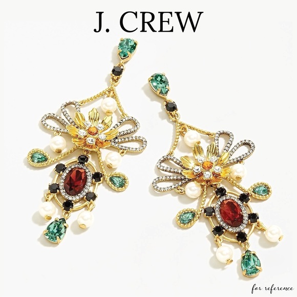 J. Crew • Baroque Floral Mixed Gem Statement Drop Earrings • Alhambra Green - Picture 2 of 13